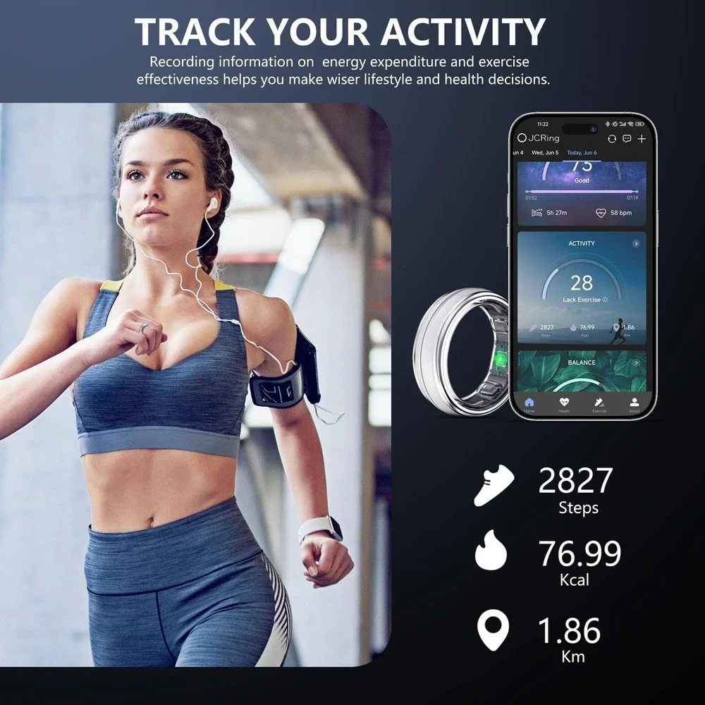 SeekZero X1A02 Smart Ring Titanium Health Sleep Heart Rate Tracker Silver Size 7